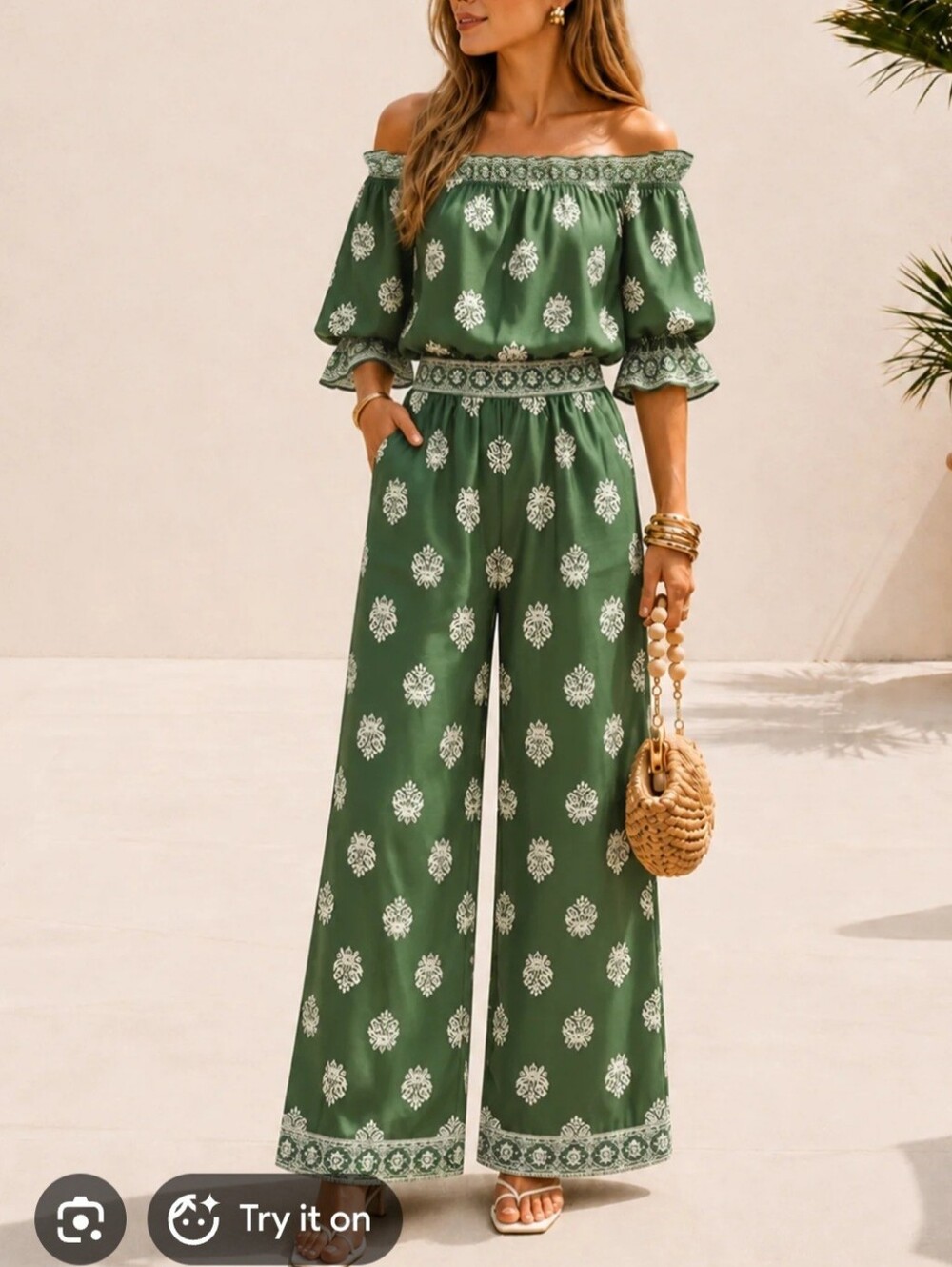 Border Print Off-Shoulder Top & Pants Set